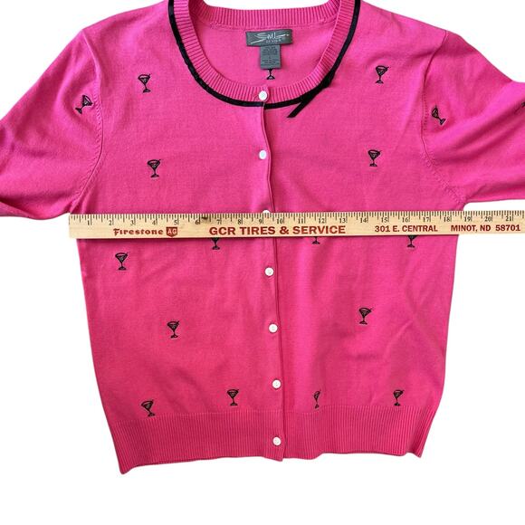 SML Design Cardigan Size Large Pink Martini Emblem Silk Blend Crop Black Ribbon - Picture 6 of 9